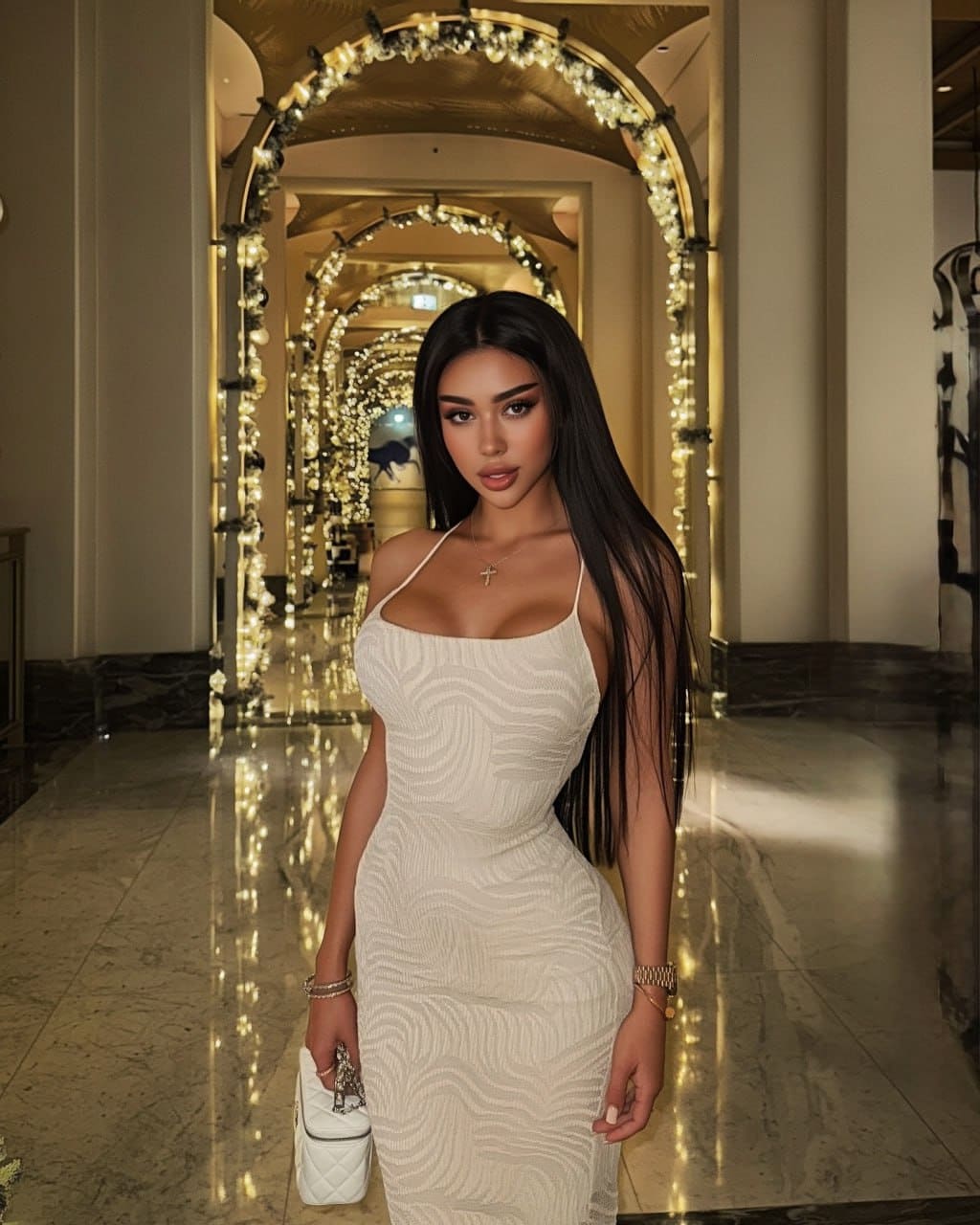 Ines stands in a marble hallway with illuminated arches, wearing a white textured dress and holding a small white handbag.